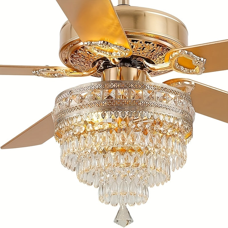 Crystal Ceiling Fan Fandelier with Lights - Modern Outdoor Fans with Remote Control, Noiseless AC Motor, Retro/Farmhouse Lighting, Dining Room, Living Room (52"