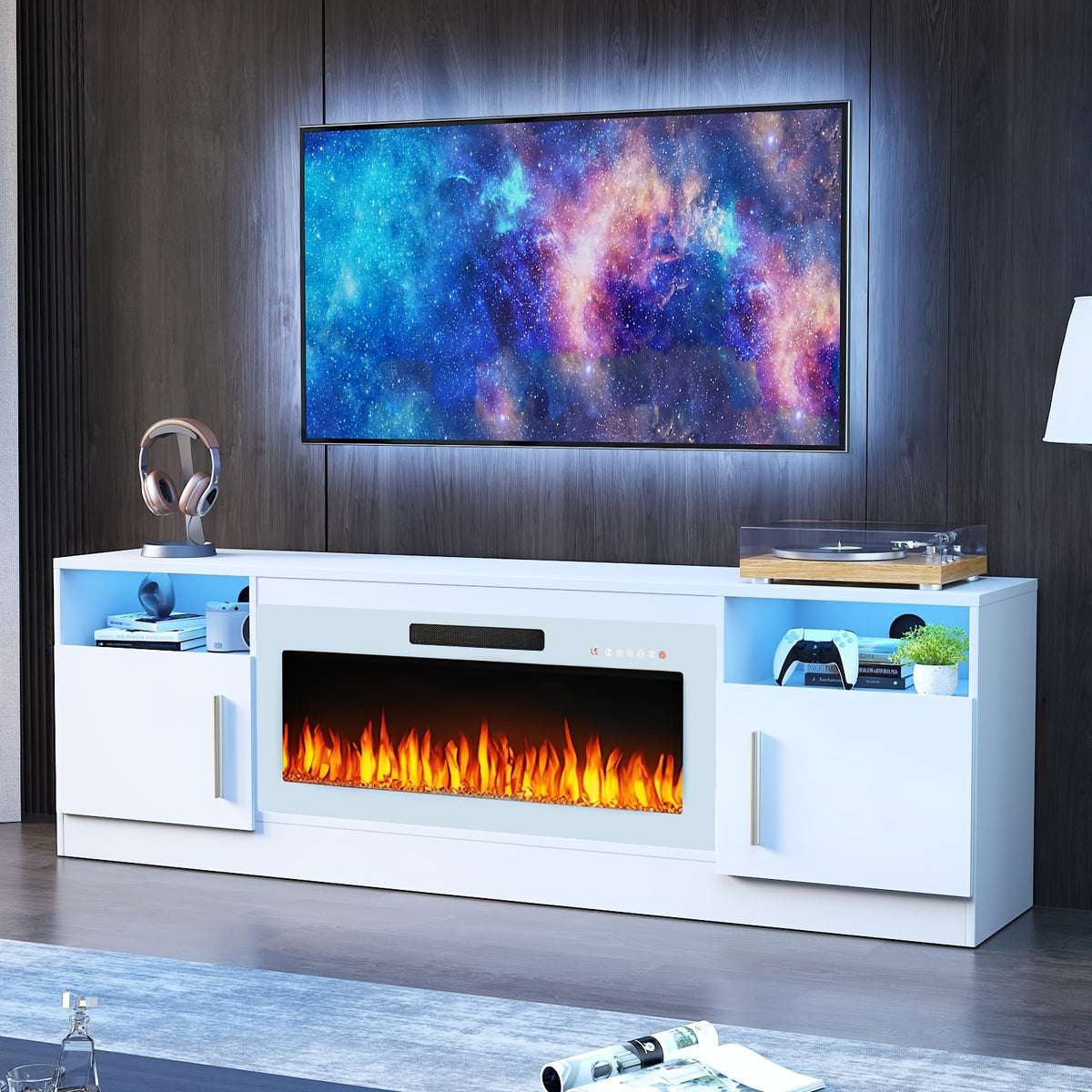 Fireplace TV Stand with 36" Fireplace Up to 80" TVs, 70" Modern Wood High Gloss with Highlight Storage Cabinet, LED Light Entertainment Center with Storage Cabinets for Living Room