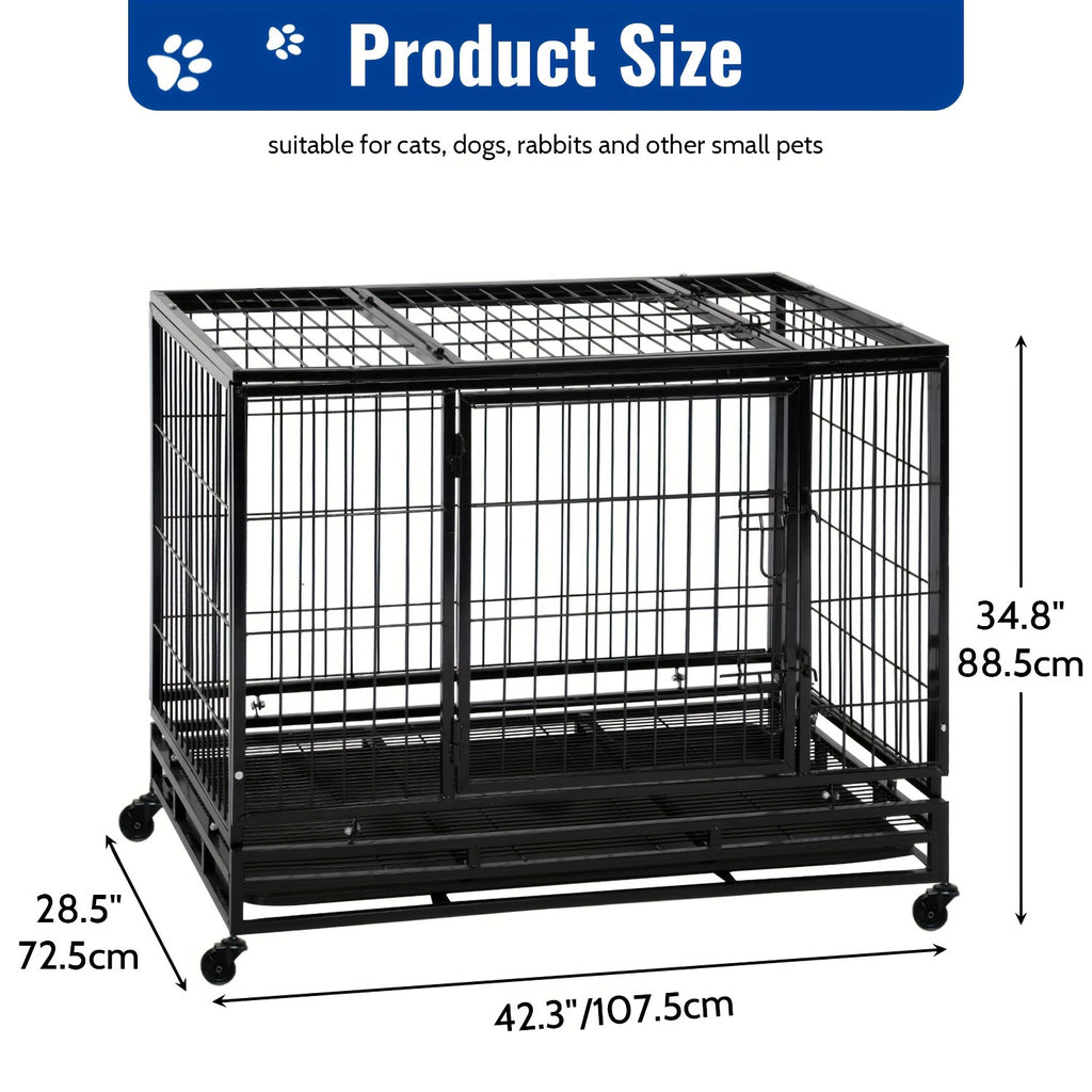Heavy Duty Dog Crates for Large Dogs, Dog Crate Metal Wire Dog Kennel Double Door Dog Cage with Lockable Wheels and Plastic Tray for Extra Large XL XXL Dog Indoor Outdoor