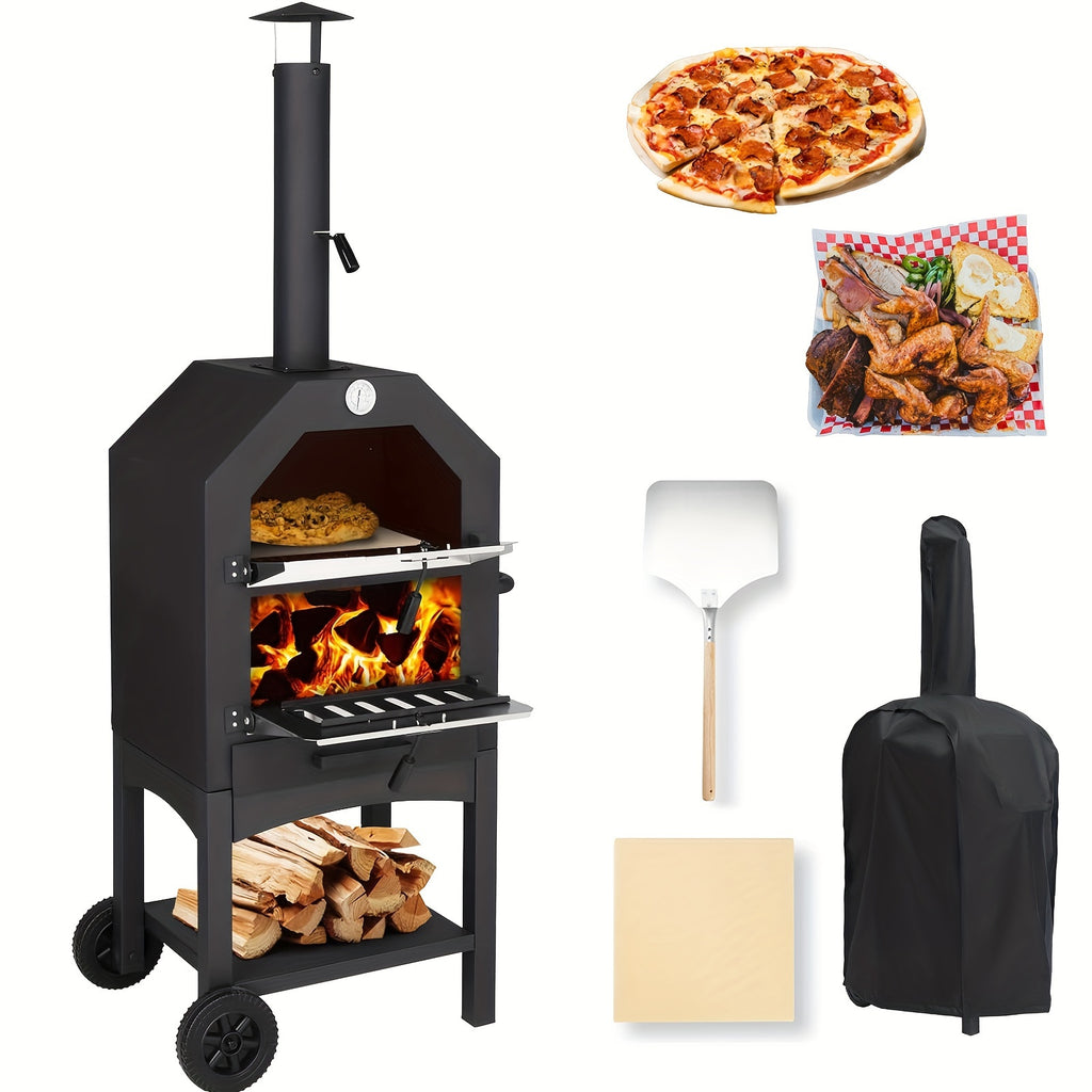 Outdoor Wood-Fired Pizza Oven with Built-In Thermometer, Pizza Peel, Cooking Grates, Stone Plate, And Cover Perfect for Pizza, Grilling, And Roasting