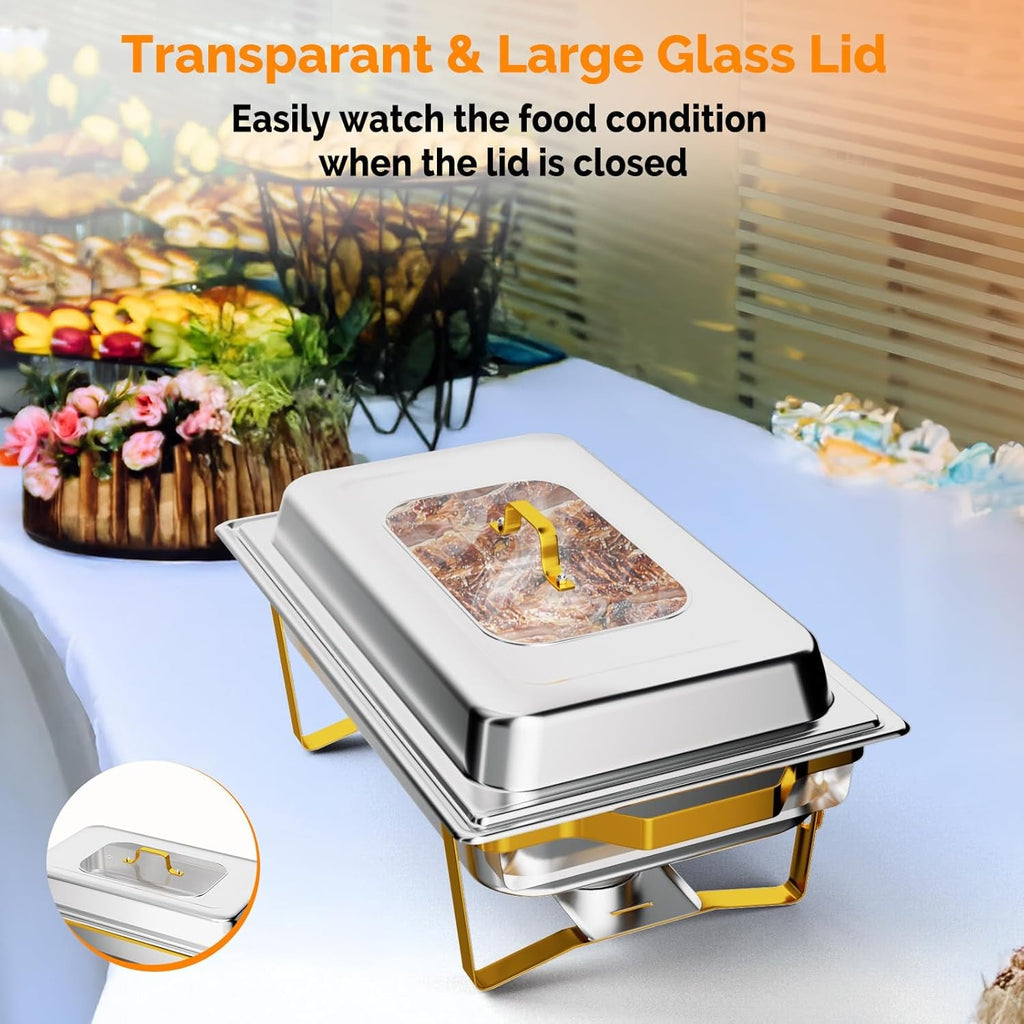MEFEIR Chafing Dishes for Buffet 4 Pack, 9QT Chafing Dish with Multiple Food Pans Combo,Stainless Steel Buffet Servers and Warmers with Glass Lid & Folding Frame for Parties Weddings, Gold & Silver only for cooking