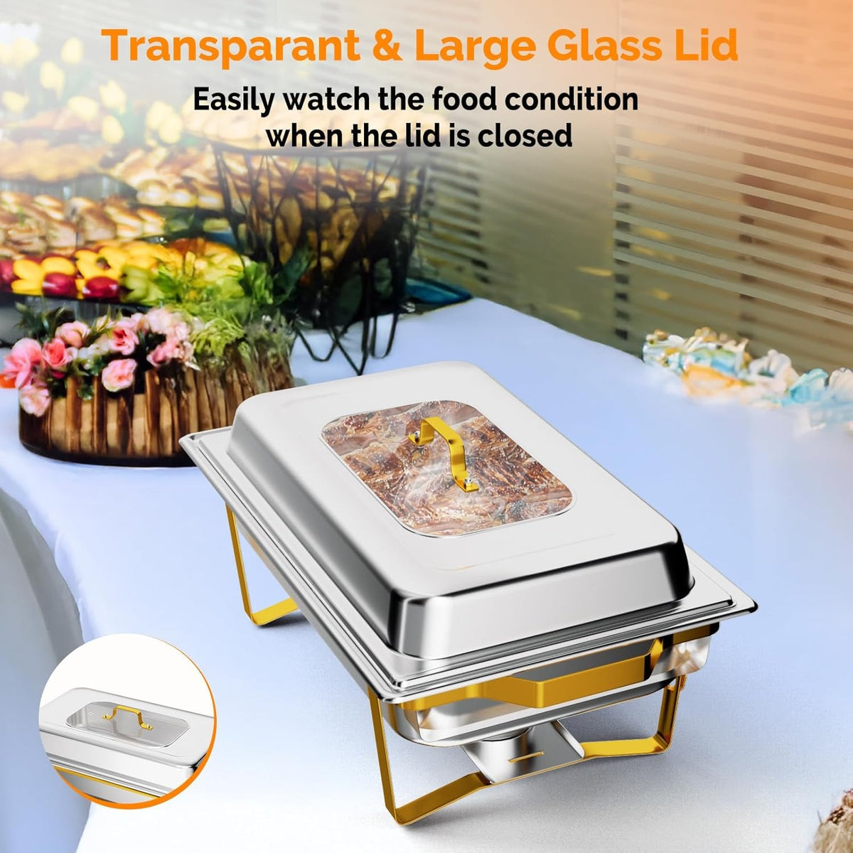 MEFEIR Chafing Dishes for Buffet 4 Pack, 9QT Chafing Dish with Multiple Food Pans Combo,Stainless Steel Buffet Servers and Warmers with Glass Lid & Folding Frame for Parties Weddings, Gold & Silver only for cooking