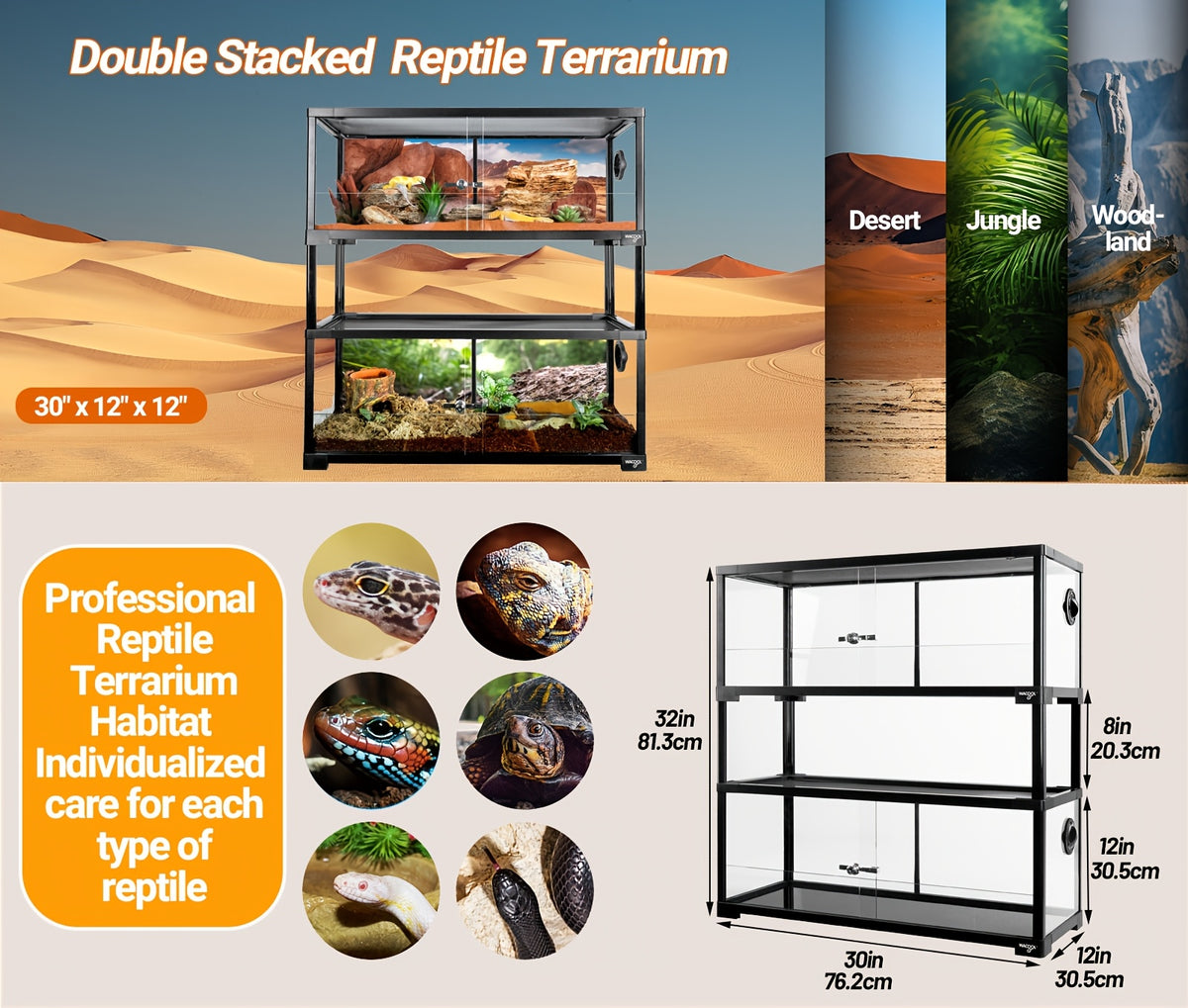 WACOOL Double Stacked Reptile Tank, 30" X 12" X 12" Tall Reptile Terrarium, Front Opening, Full Vision, Knock Down, 2 Pack 20 Gallon Glass Cage for Reptile, Bearded Dragon, Lizard, Snake, Gecko