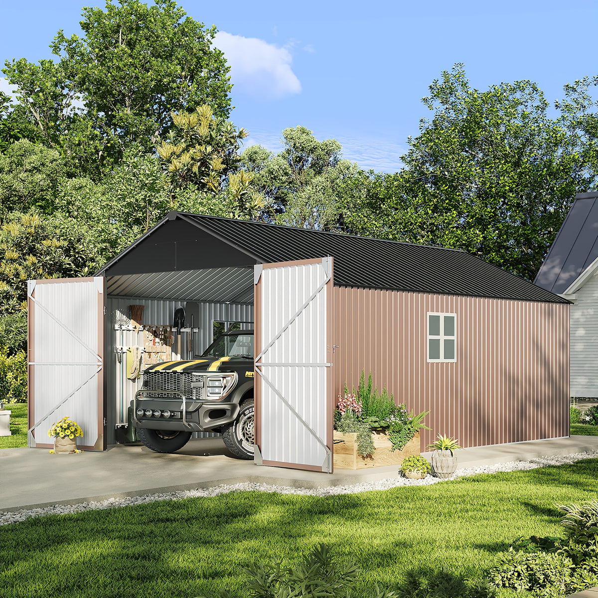 12x20x9.3/12x14/6x4ft Metal Storage Shed - Outdoor Garden Shed Kit, Lockable Tool Shed, Backyard Shed with Double Hinged Doors, 4 Windows, Carport for Car, Truck, Bike and Lawn Mower & Equipment, Brown