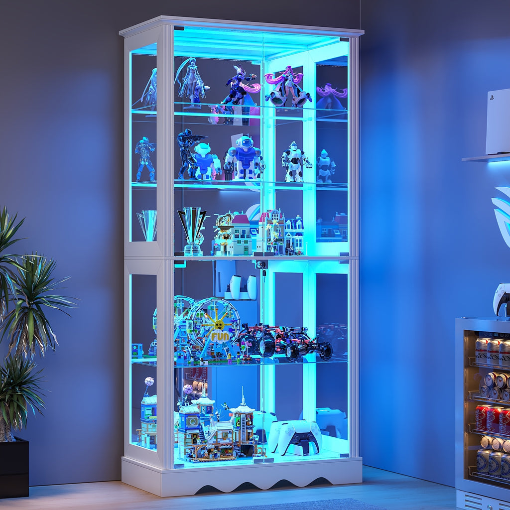 Display Cabinet with Glass Doors, 71'' Tall Curio Cabinet with RGB Lights for Collectibles, LED Display Case with Removable Shelf for Book/Medal/Figure, Black And White