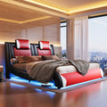 Modern Elegance Meets Functionality: Papajet Full Floating Bed Frame with Built-In LED Lights, Faux Leather Upholstery, And Wave-Shaped Curves, No Box Spring Required