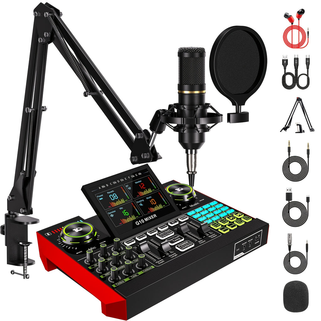Podcast Equipment Bundle, Recording Studio Package with Voice Changer, Live Sound Card - Audio Interface for Laptop Computer Vlog Living Broadcast Live Streaming Plug And Play PC Computer Kit with Professional Chipset For, Gaming, Singing