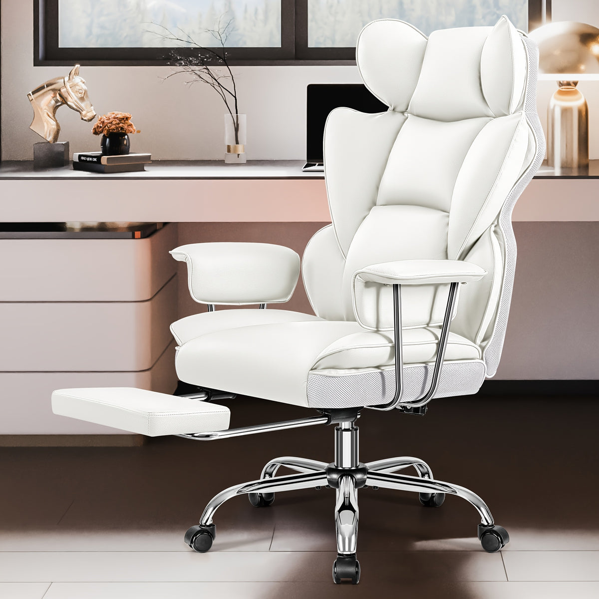 [Ergonomic Office Chair] Actflame Premium Ergonomic Office Chair for Plus-Size Users - Executive High-Back Leather with Enhanced Lumbar Support And Integrated Footrest - Perfect Fit for Spacious Homes And Offices