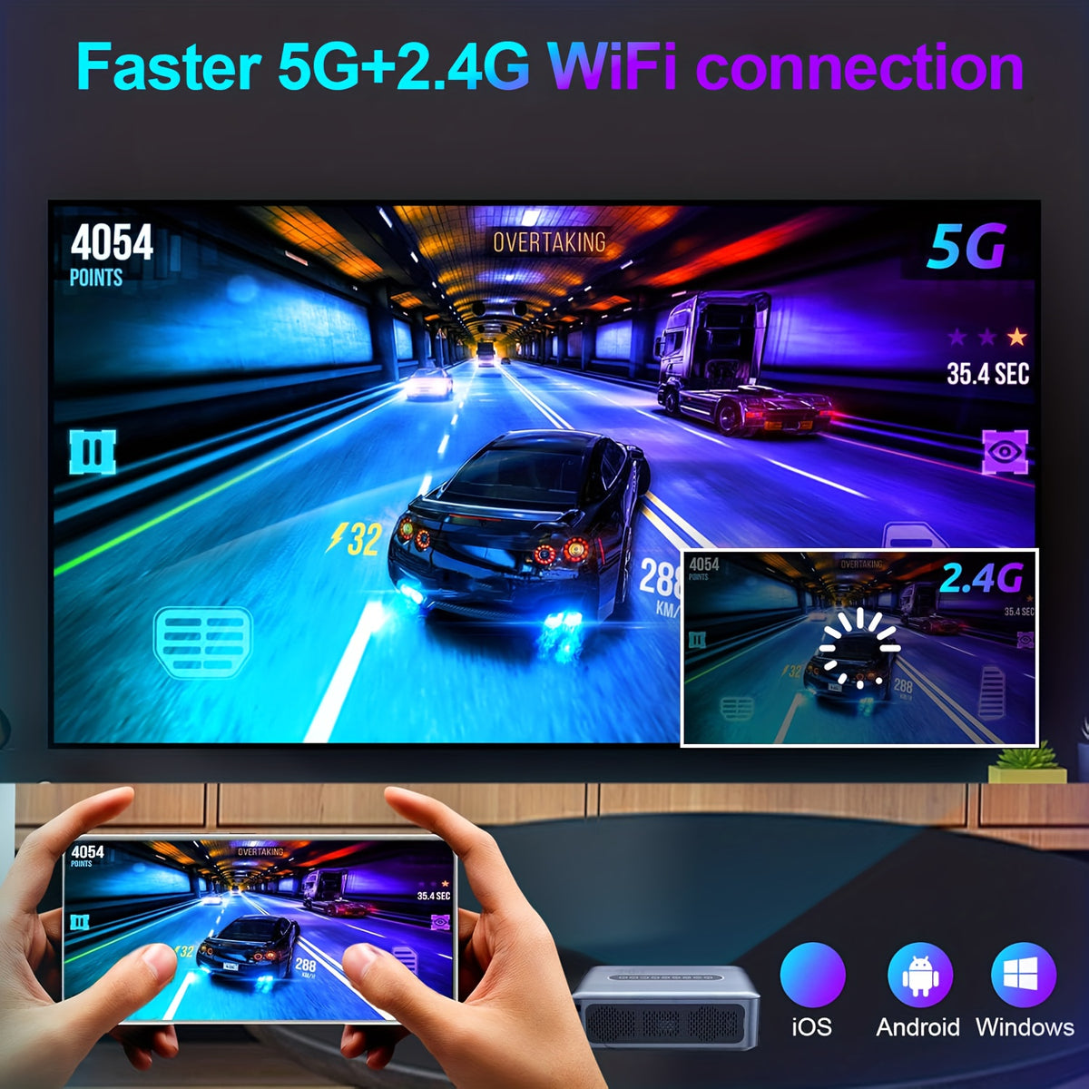 [1080P 8K WiFi] Ultra Bright HD Smart Projector With Dual Band WiFi And Wireless, Wireless Mobile Phone Screen Projection, Native 1080P/Supports 8K Decoding, Compatible With Smartphones/TV Sticks/Boxes/USB/HDTV, Fully Automatic Focusing And Trapezoidal Di