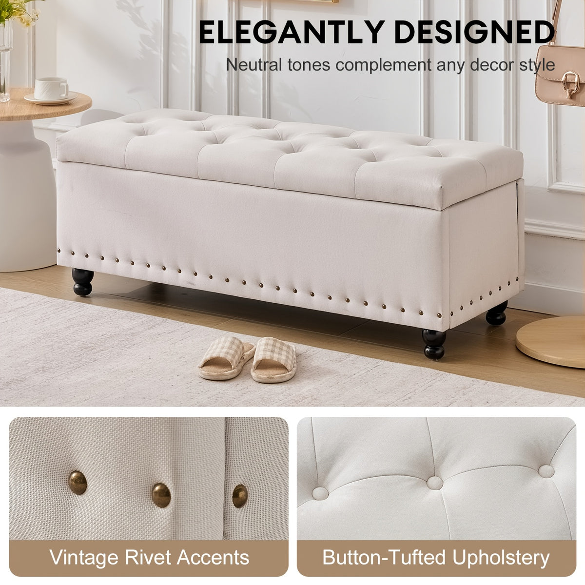 Ottoman With Storage, Storage Bench With Button-Tufted, End Of Bed Storage Bench Safety Hinge With Rivets, Large Storage Ottoman Bench For Bedroom, Living Room, Foot Of Bed