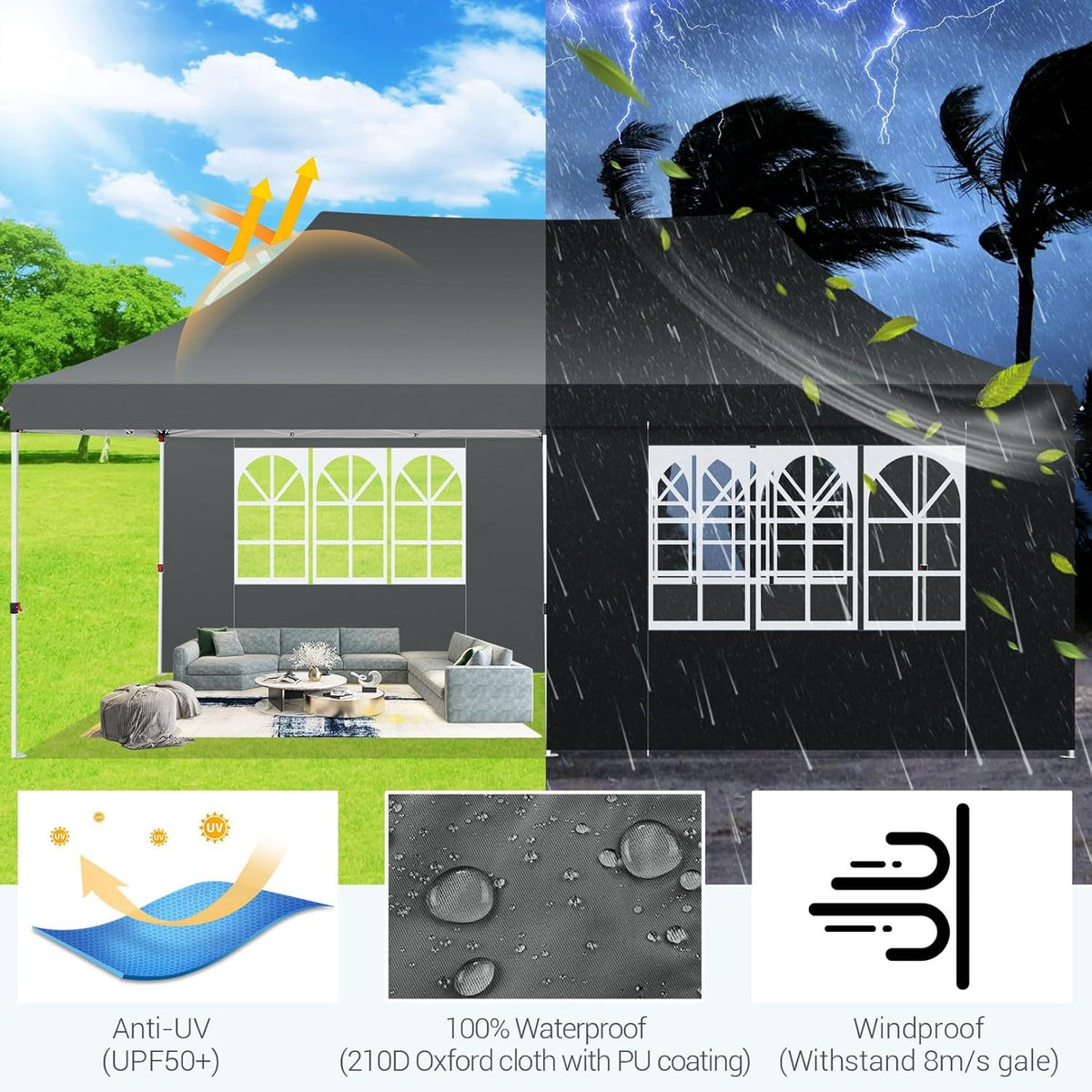 10X20Ft Pop Up Canopy Tent, Canopy with 6 Side Walls, Wedding Party Tent, Outdoor Gazebo Awning, 3 Adjustable Heights with Carry Bag, Heavy Duty Event Booth Waterproof Tent for Backyard, Lawn, Camping Party, Holiday Party, Outdoor Celebration