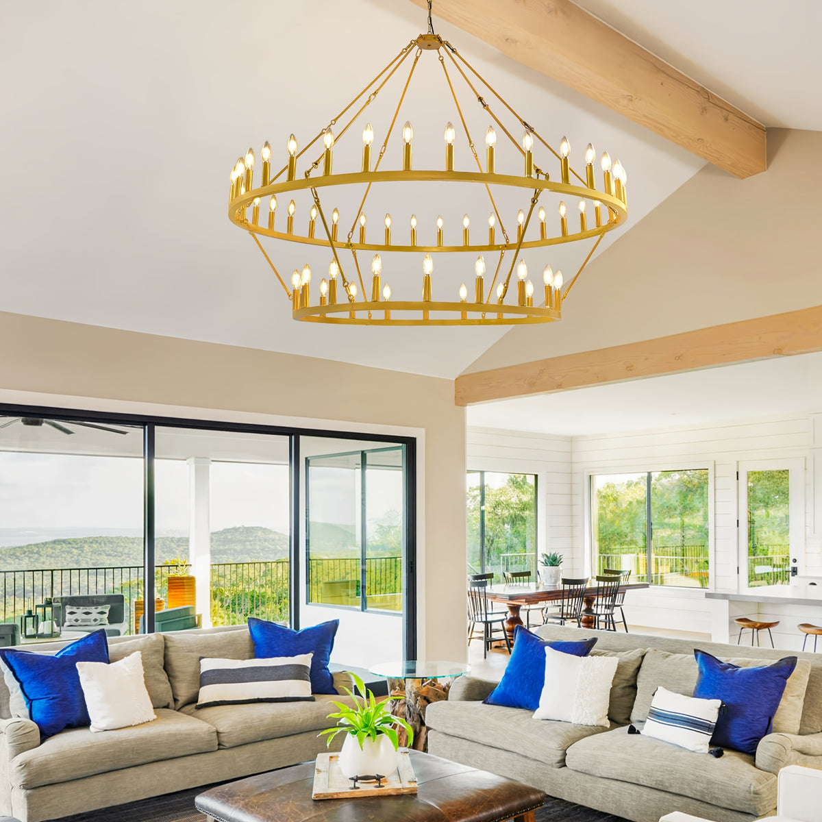 [Modern Farmhouse Chandelier] Modern Farmhouse Chandelier 2 Tier Round Wheel Chandelier Large High Ceiling Light