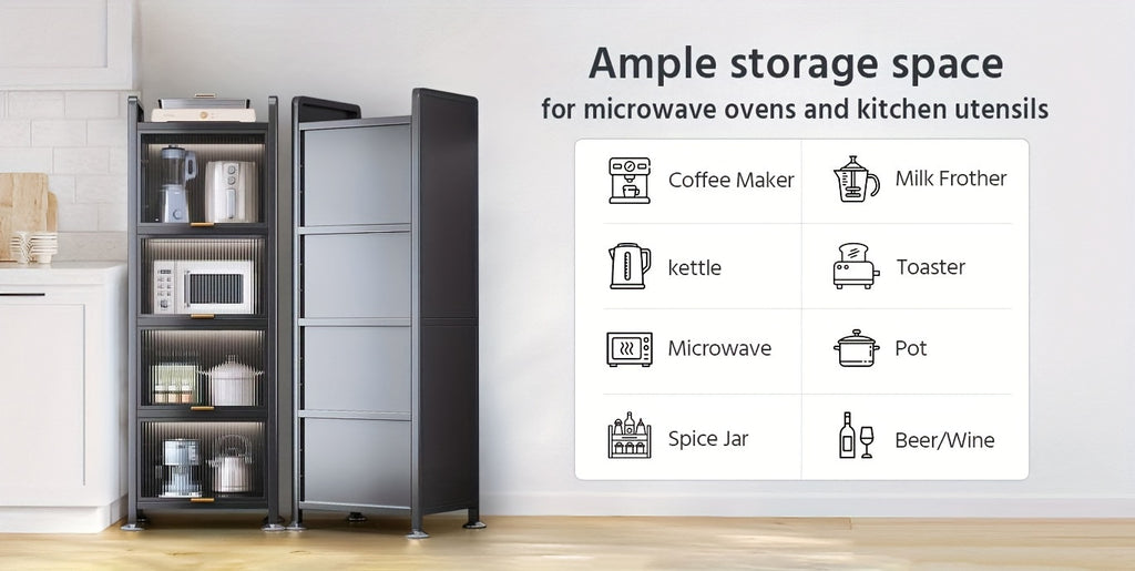 Joybos™ 5-Tier Narrow Multifunctional Metal Kitchen Storage Cabinet - Spacious Microwave Stand, Coffee Bar Shelf, Pantry Organizer, And Hutch for Kitchen, Living Room - Space-Saving, Durable, And Stylish, Standing Shelf, Standing Shelf