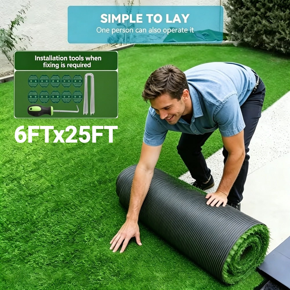 6Ft X 25Ft Artificial Grass 150 Sq Ft, 0.7 Inch Pile Height Multi-Purpose Synthetic Turf with Grass Installation Tools for Garden, Patio, Balcony, Decor, Indoor And Outdoor Use