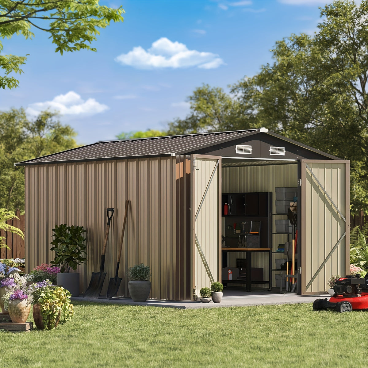 Outdoor Storage Shed by GUNJI, Lockable Steel Tool House in 5 x 2.7 ft or 8 x 10 ft Options