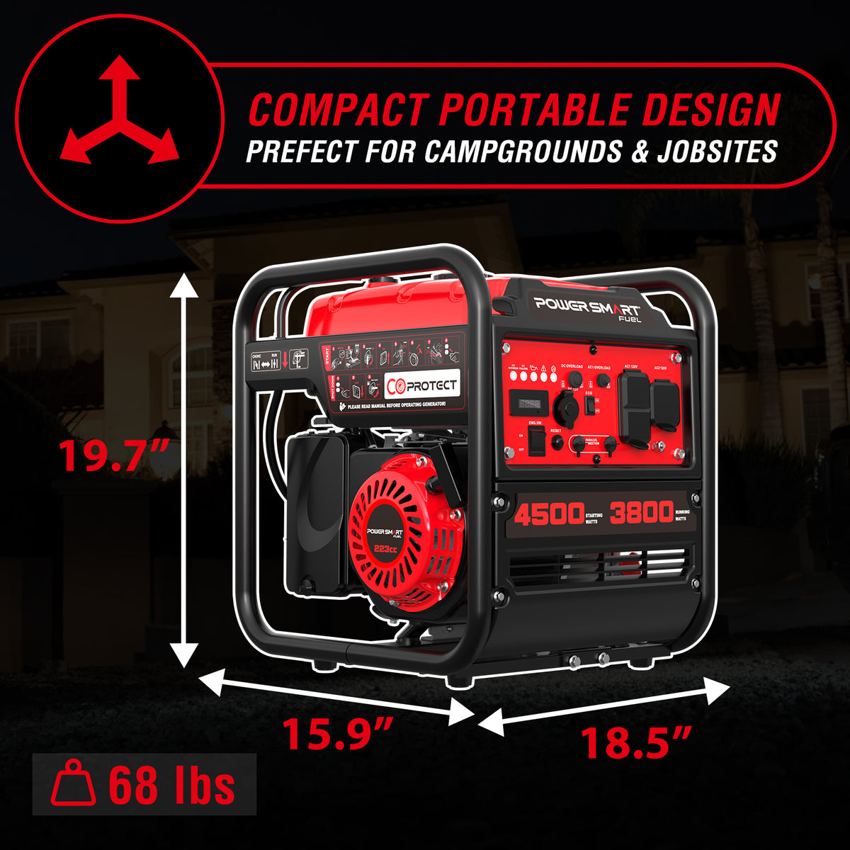 4500w 4-Stroke Portable Generator, CO Alarm, Lightweight & Quiet Gas Generator w/ 12V & USB Ports - Charge Phones, RV, Power Tools, Camping