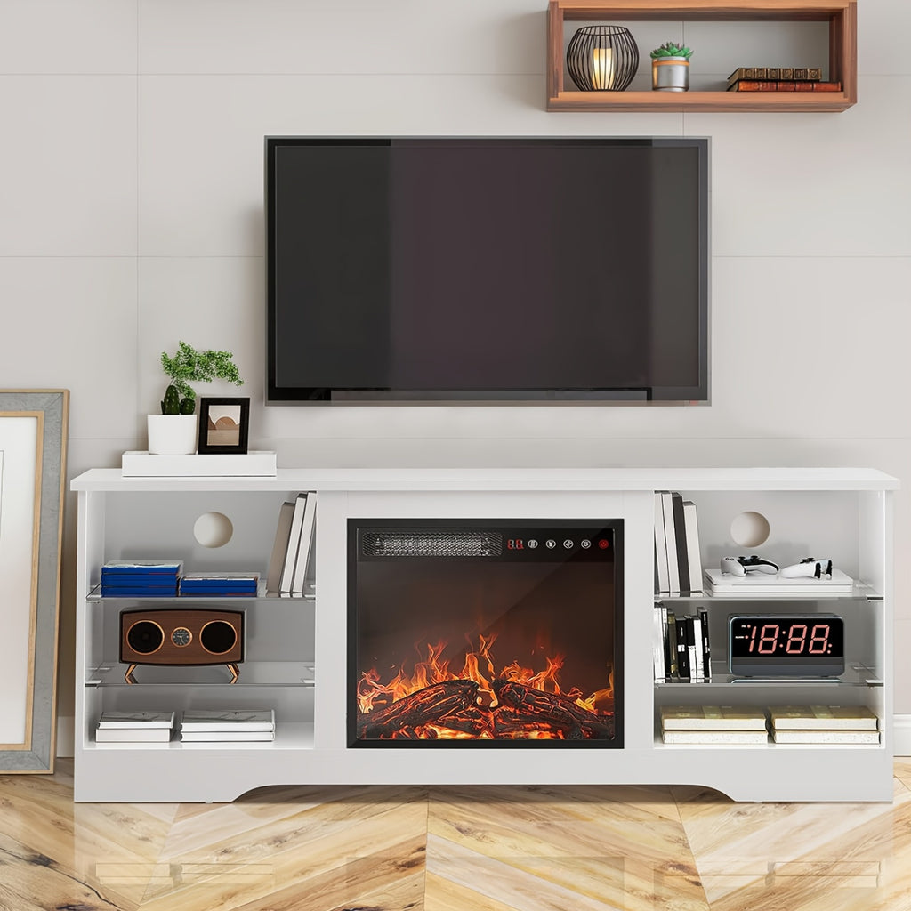 Fireplace TV Stand with 18-Inch Fireplace, Modern Entertainment Center for Tvs Up to 65 Inches, Media TV Console with Adjustable Glass Shelves And Storage Cabinets, Farmhouse TV Stand for Living Room