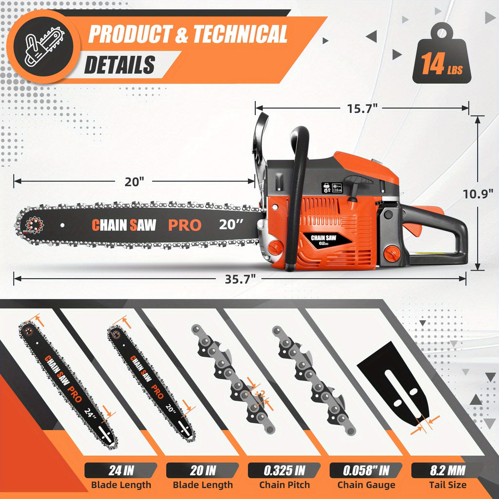 62CC Professional Chainsaw with 20 Inch, 22 Inch, 18 Inch, And 24 Inch Options, Featuring a 2-Stroke Engine, Ergonomic Non-Slip Handle, And Dual Fuel Tanks, Ideal for Cutting Wood, Trimming Trees, And Clearing Land