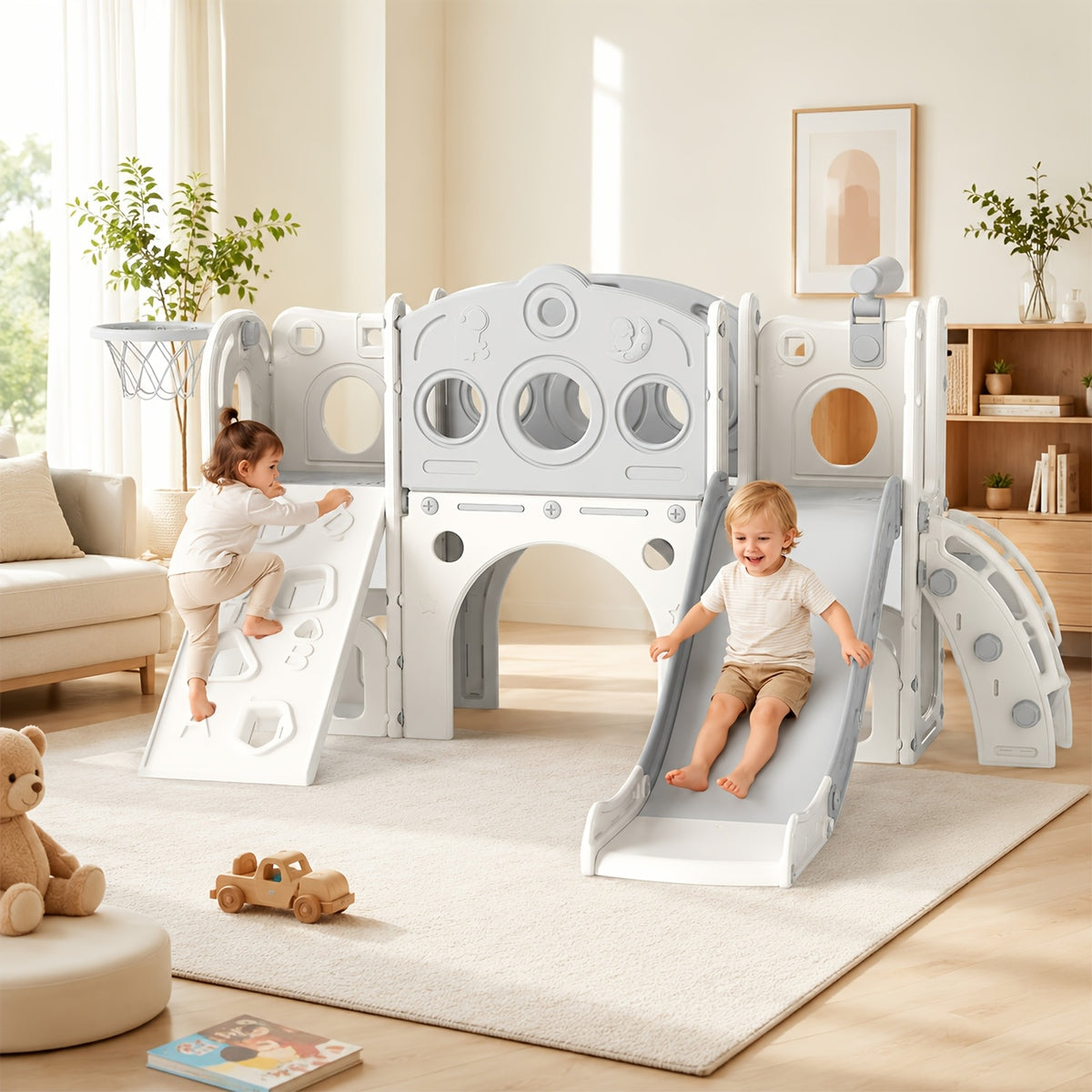 9in 1 Toddler Slide Set Playground Indoor & Outdoor Fun for Kids & Babies, Featuring Climbing Board, Basketball Hoop, Telescope, Storage Space And Non-Slip Steps