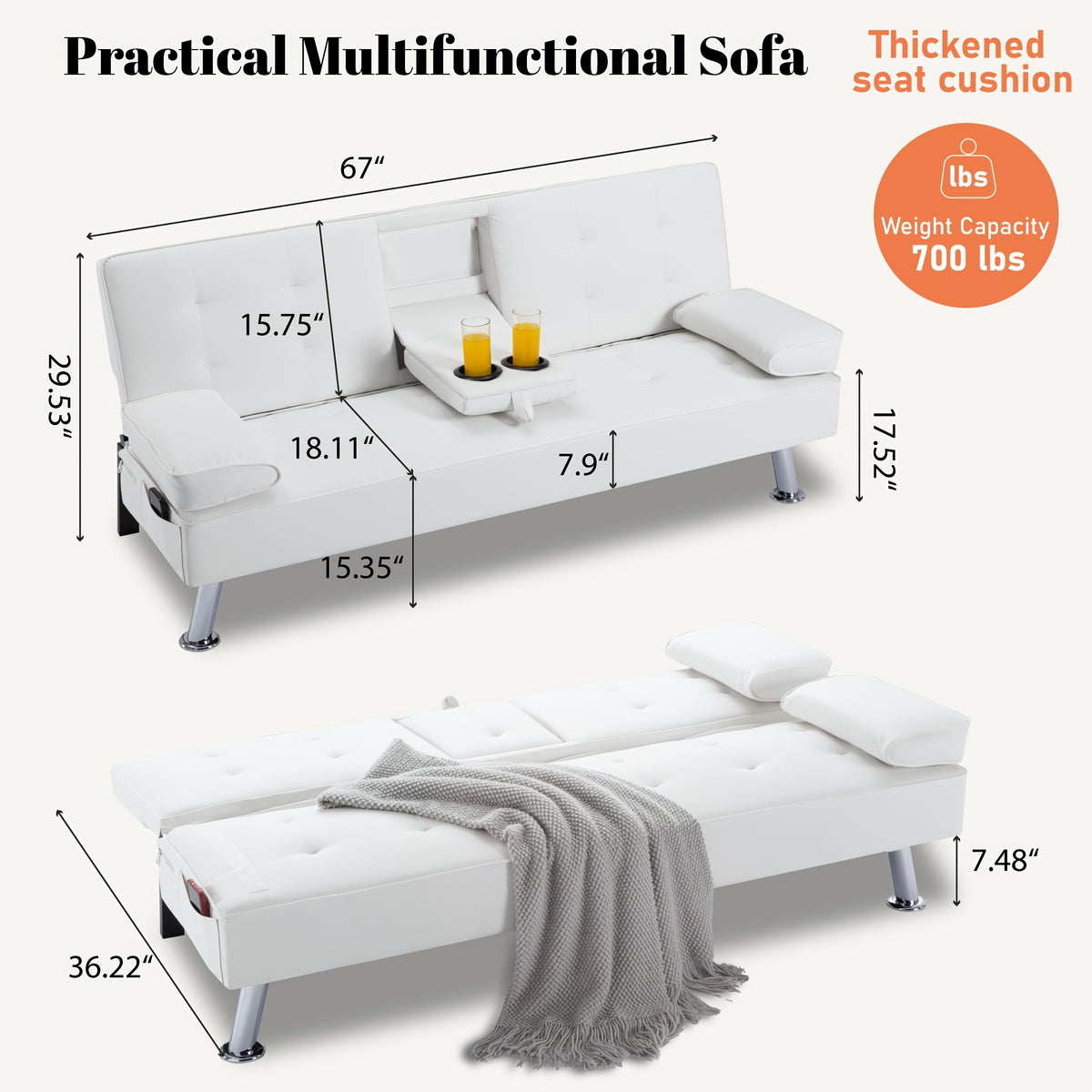 67" Convertible Futon Sofa Bed, 2 Thickness Seat Cushion, Adjustable Folding Couch with Detachable Armrest & Cup Holders, Heavy Duty 700 LBS Metal Frame, Multifunctional Sleeper Sofa for Living Room Bedroom Apartment Dorm