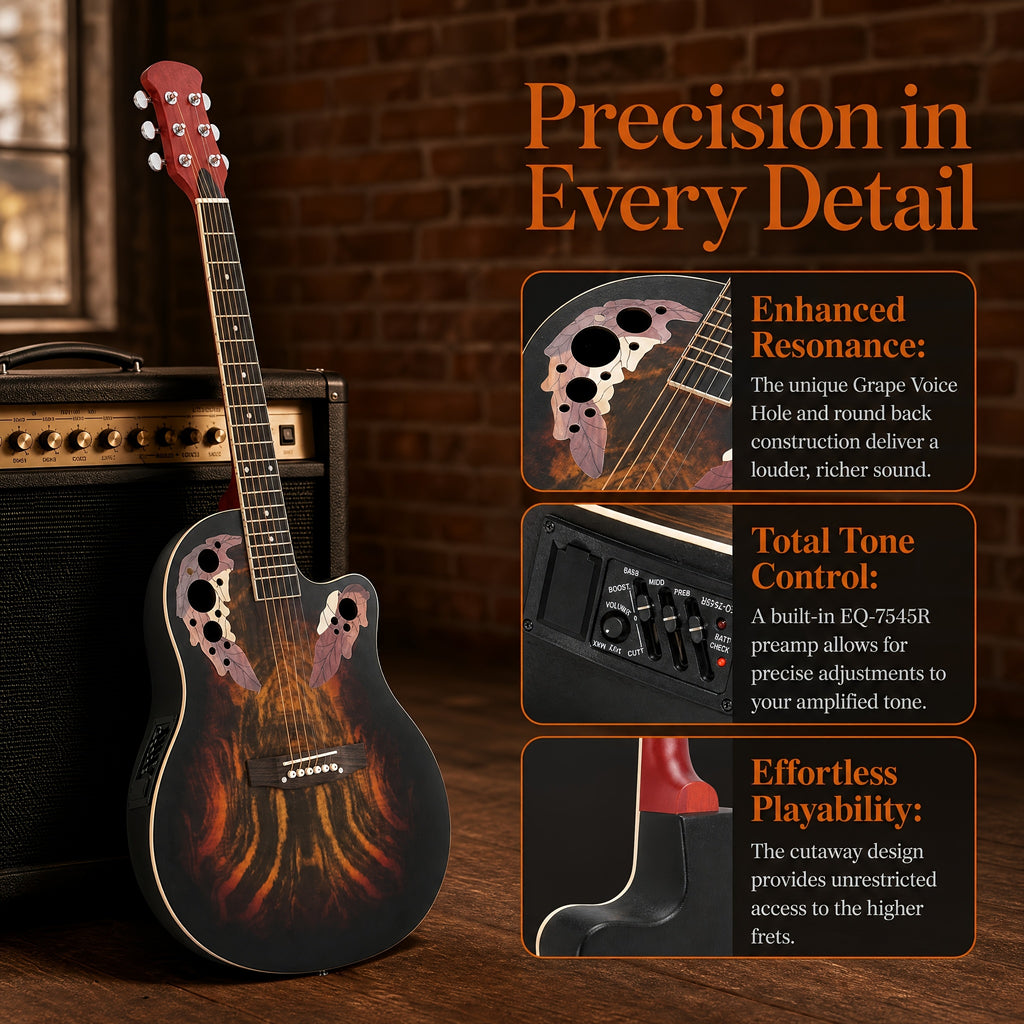 [Ideal Gift] 41-Inch Full-Size Guitar With Grape-Shaped Soundhole, Spruce Top, And Mahogany Fingerboard - Sunset Red Finish, Enhanced Tone And Playability, Suitable For All Music Styles, Ideal For Beginners And Guitarists. The Perfect Gift