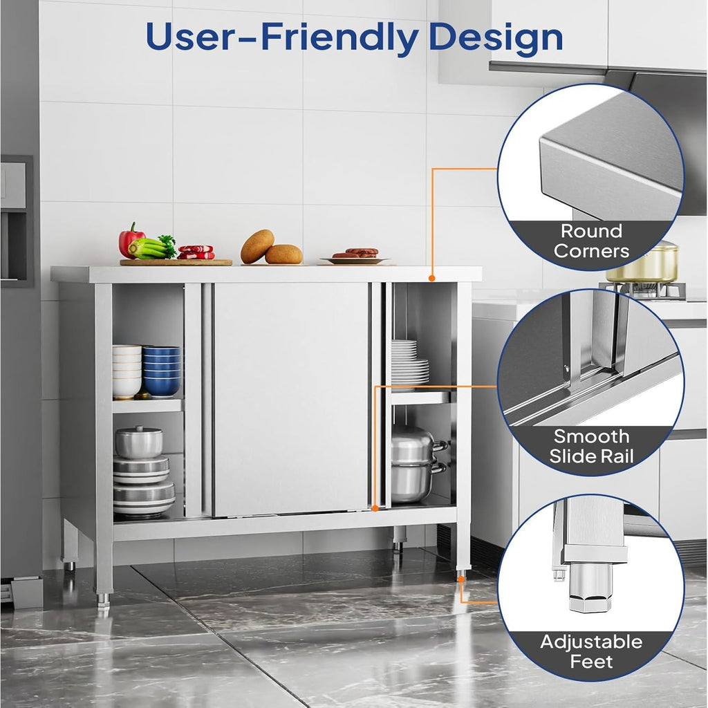MEFEIR Commercial Stainless Steel Prep Table - 35"x28" Heavy Duty Kitchen Work Table w/ 2 Sliding Door Cabinet & Backsplash, Large Storage for Restaurant Food Prep