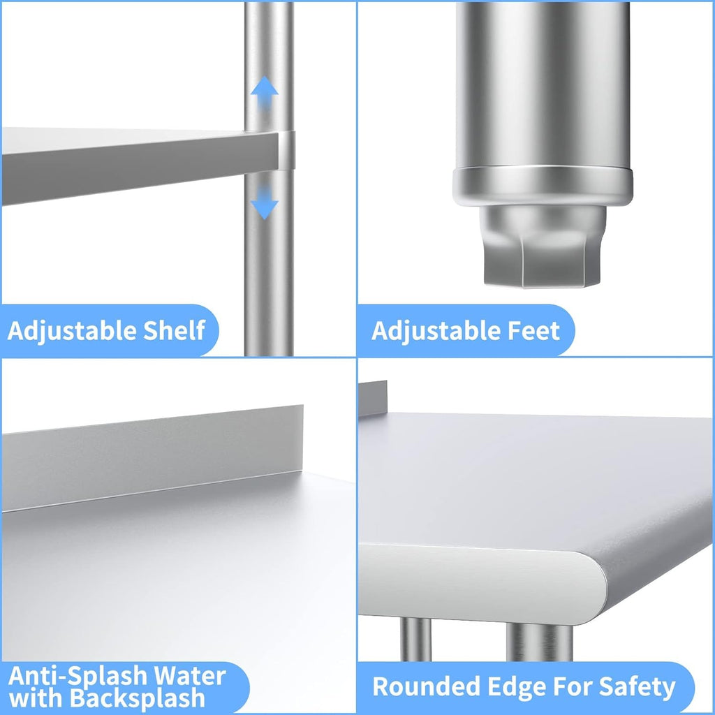 Stainless steel ready-made workbench, commercial heavy-duty workbench and workstation, suitable for metal dining tables in kitchens, restaurants, homes and hotels, with adjustable base frame and waterproof board