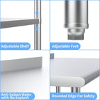 Stainless steel ready-made workbench, commercial heavy-duty workbench and workstation, suitable for metal dining tables in kitchens, restaurants, homes and hotels, with adjustable base frame and waterproof board