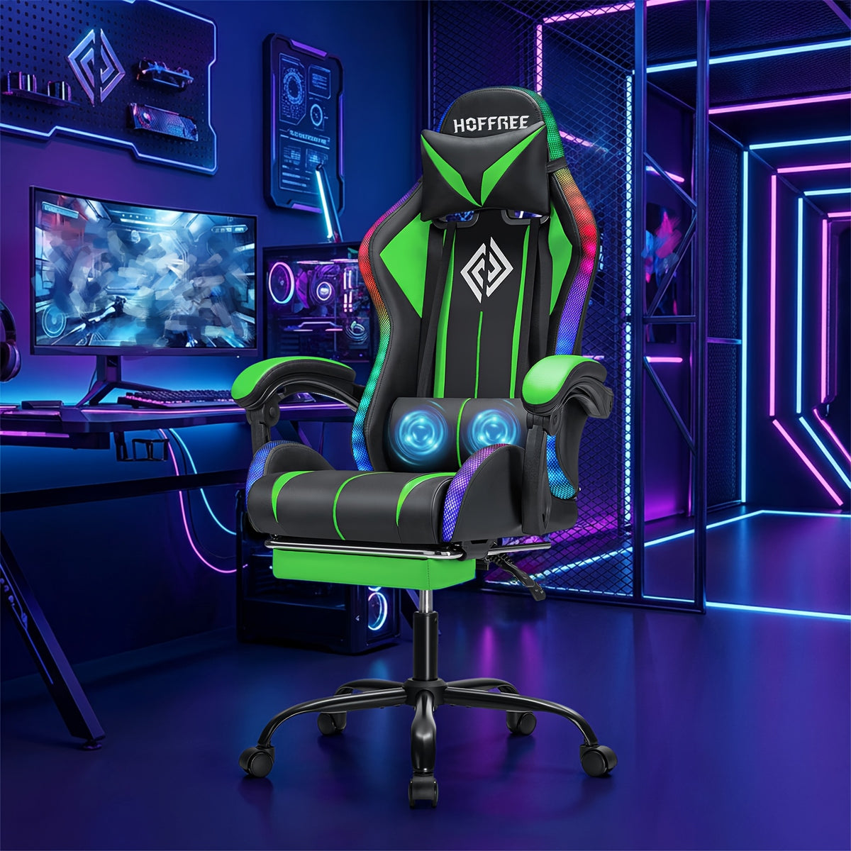 RGB Gaming Chair with LED Lights And Massage Ergonomic Computer Chair High Back Video Game Chair with Footrest And Adjustable Lumbar Support Linkage Armrest