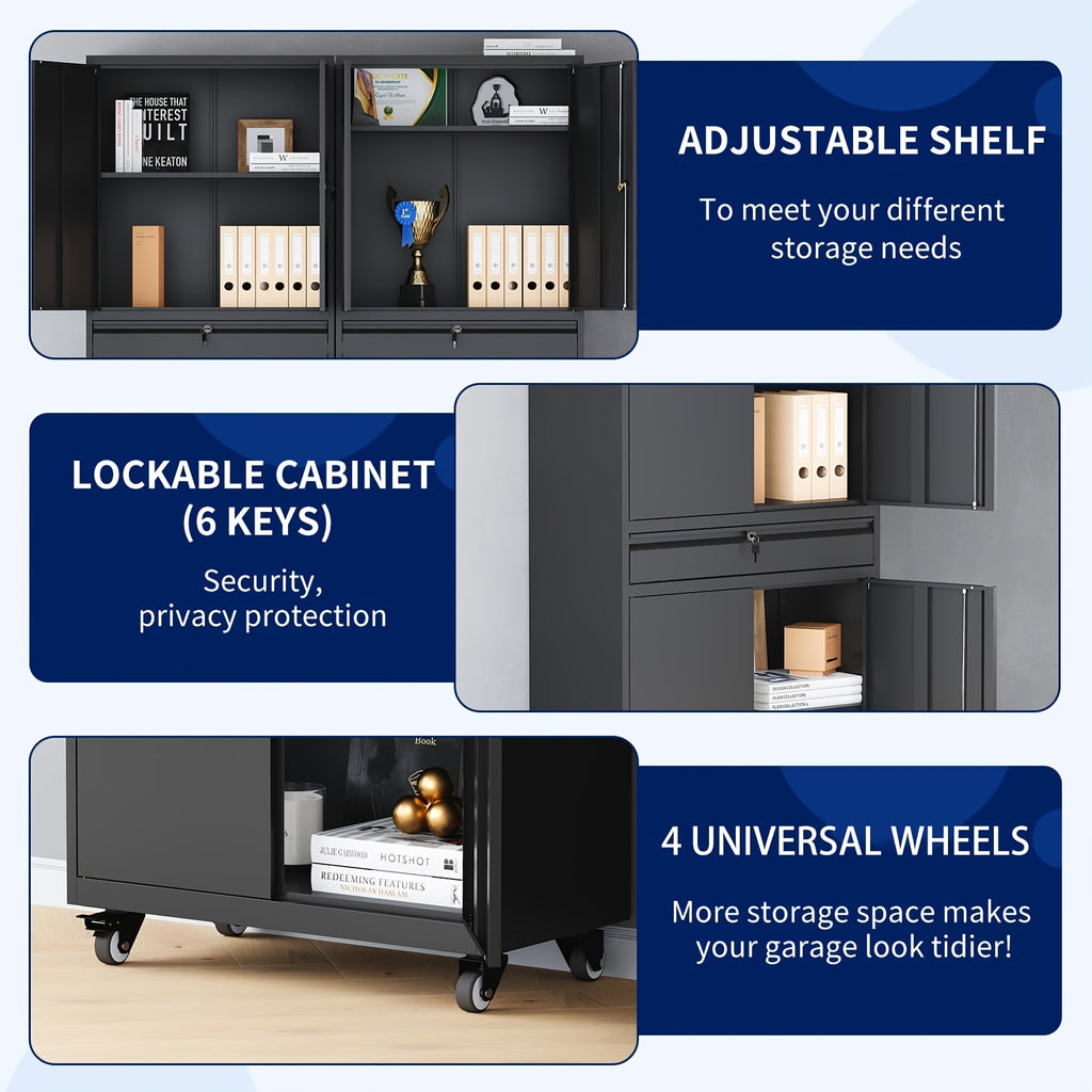 SISESOL Metal Garage Storage Cabinet With Locking Doors And Adjustable Shelves, Rolling Tool Storage Cabinet With 4 Wheels And 1 Drawer - 73" Steel Locking Cabinet For Garage, Warehouse