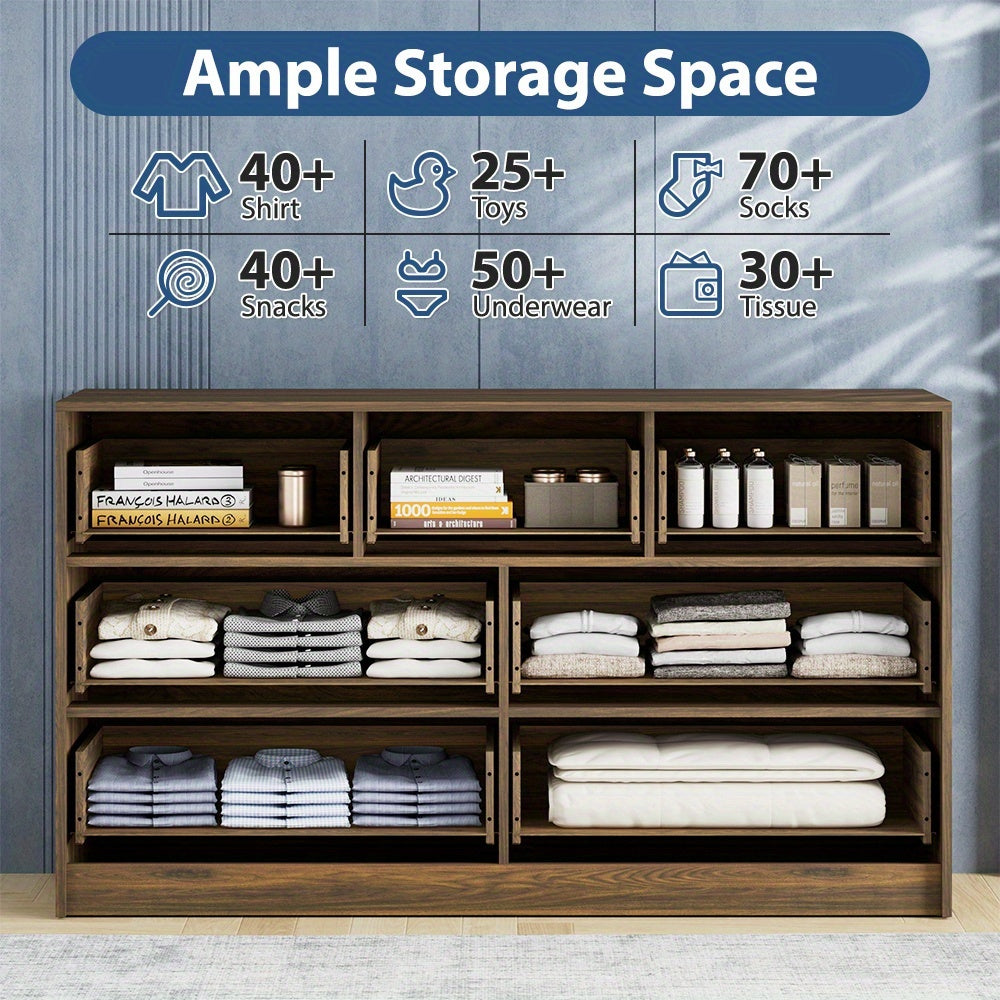 White/Walnut/Black 7 Drawer Dresser for Bedroom, Modern Fluted Dresser with Golden Metal Handles, Wide Chest Of Drawers for Bedroom, Living Room, Entryway, Hallway, 55.1" L X 15.7" D X 31.8" H, White 7 Drawer Dresser, Walnut 7 Drawer Dresser