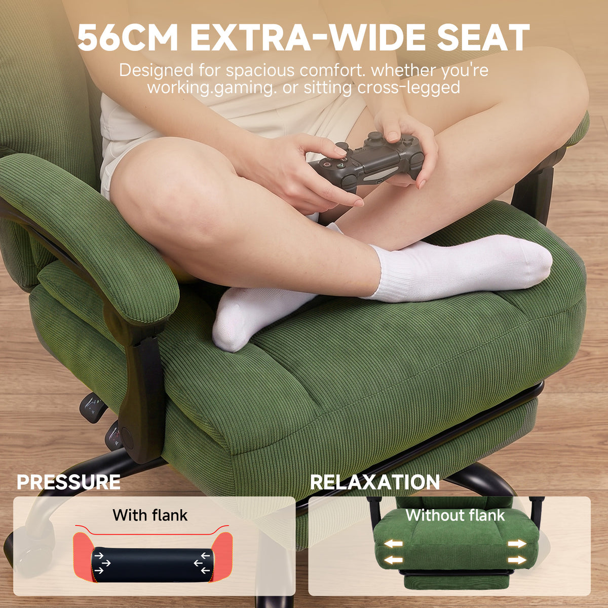 Ergonomic High Back Office Chair with Linkage Widened Armrest, Big&Tall Executive Office Chair, Gaming Chair, Thick Pocket Spring Wide Seated Cushion, Desk Chair with Retractable Footrest for Adults, Faux Leather/Corduroy/Fabric, OC-305