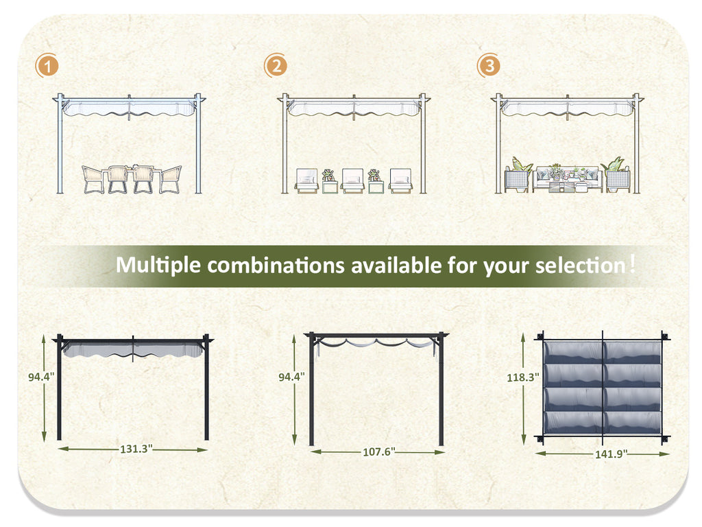 Polar Aurora 10x12 FT Outdoor Pergola with Retractable Canopy, Patio Metal for Patio, Decks, Porch and Backyard