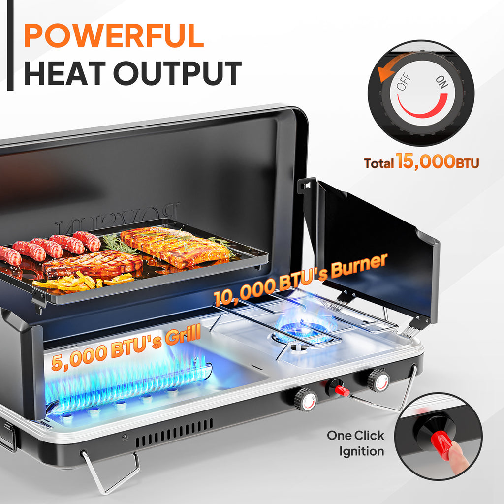 MEFEIR 2-in-1 Camping Stove with Propane Oven, Portable 2 Burner Stove & Outdoor Oven Combo with Auto-ignition & Thermometer for Camping Backyard Picnic