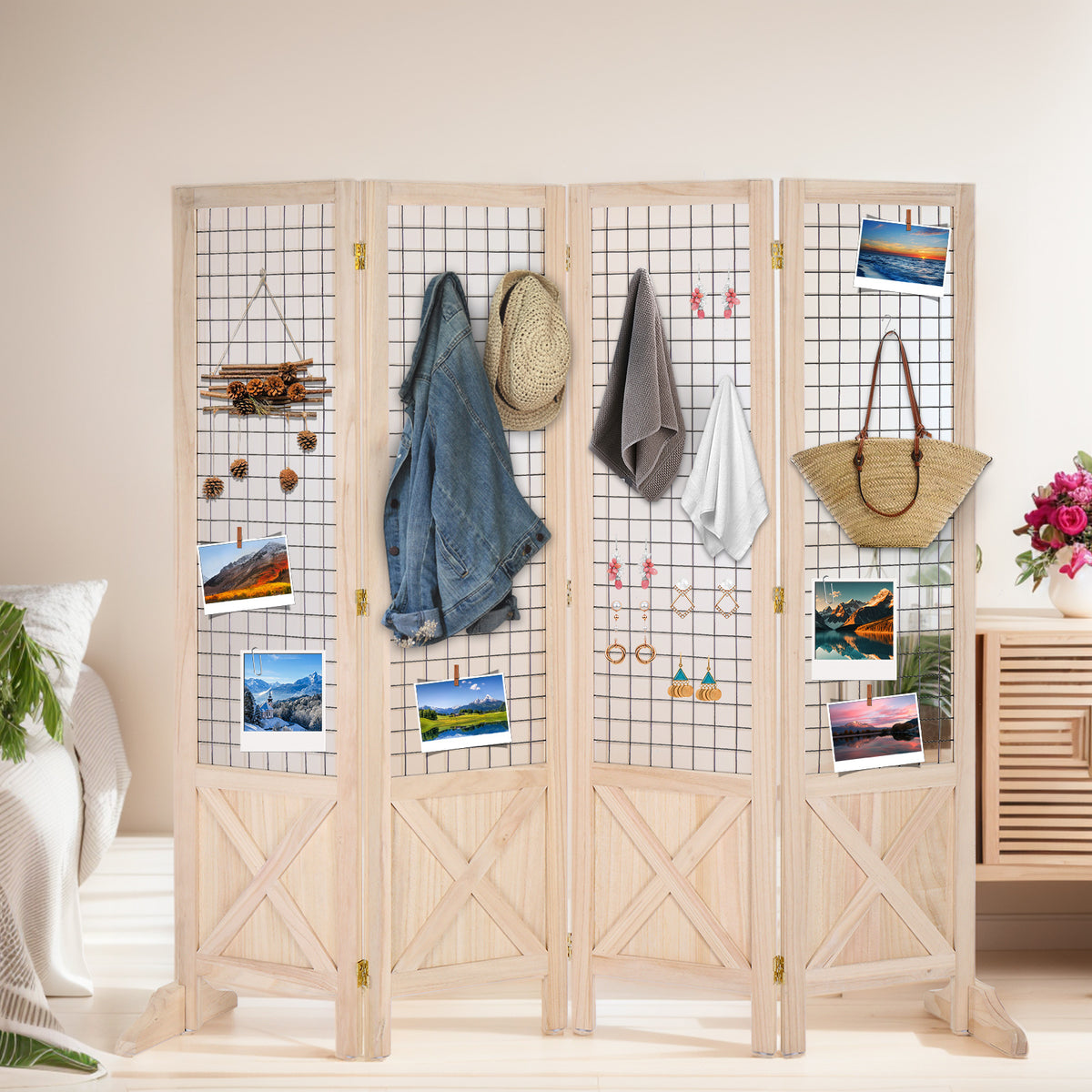 VINGLI Room Divider Freestanding Grid Wall, 4 Panel Folding Display Board Organizer with Base Feet, Decorative Wooden Frame Wire Grid Screens for Craft Shows Events Retail