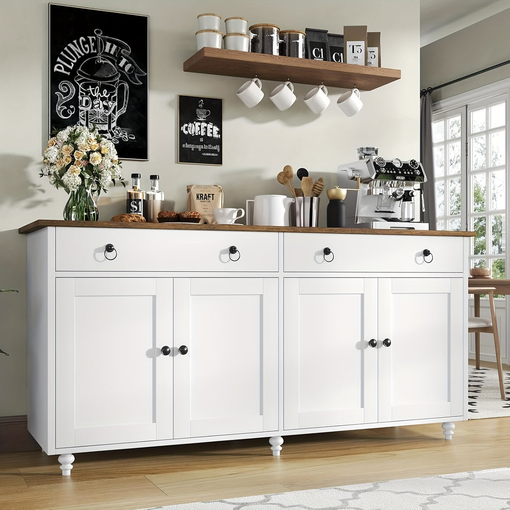 55-Inch Sideboard Buffet Unit, Mid-Century Kitchen Storage Cabinet Featuring 2 Drawers And 4 Doors, Coffee Bar Storage Cabinet