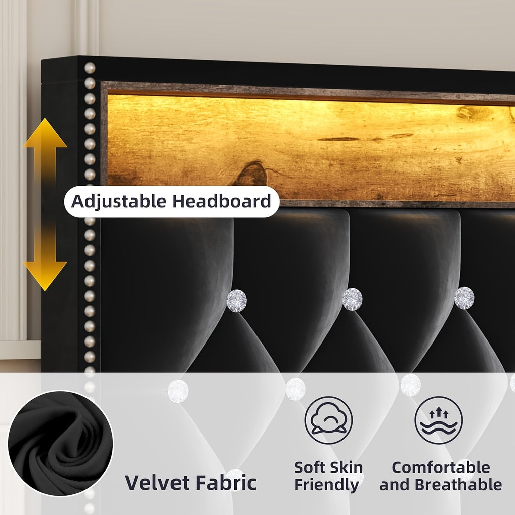 Bed Frame with LED Lights, Velvet Upholstered Platform Bed with Storage Headboard, Charging Station And Diamond Tufted Design - No Box Spring Required - Easy Assembly - Black