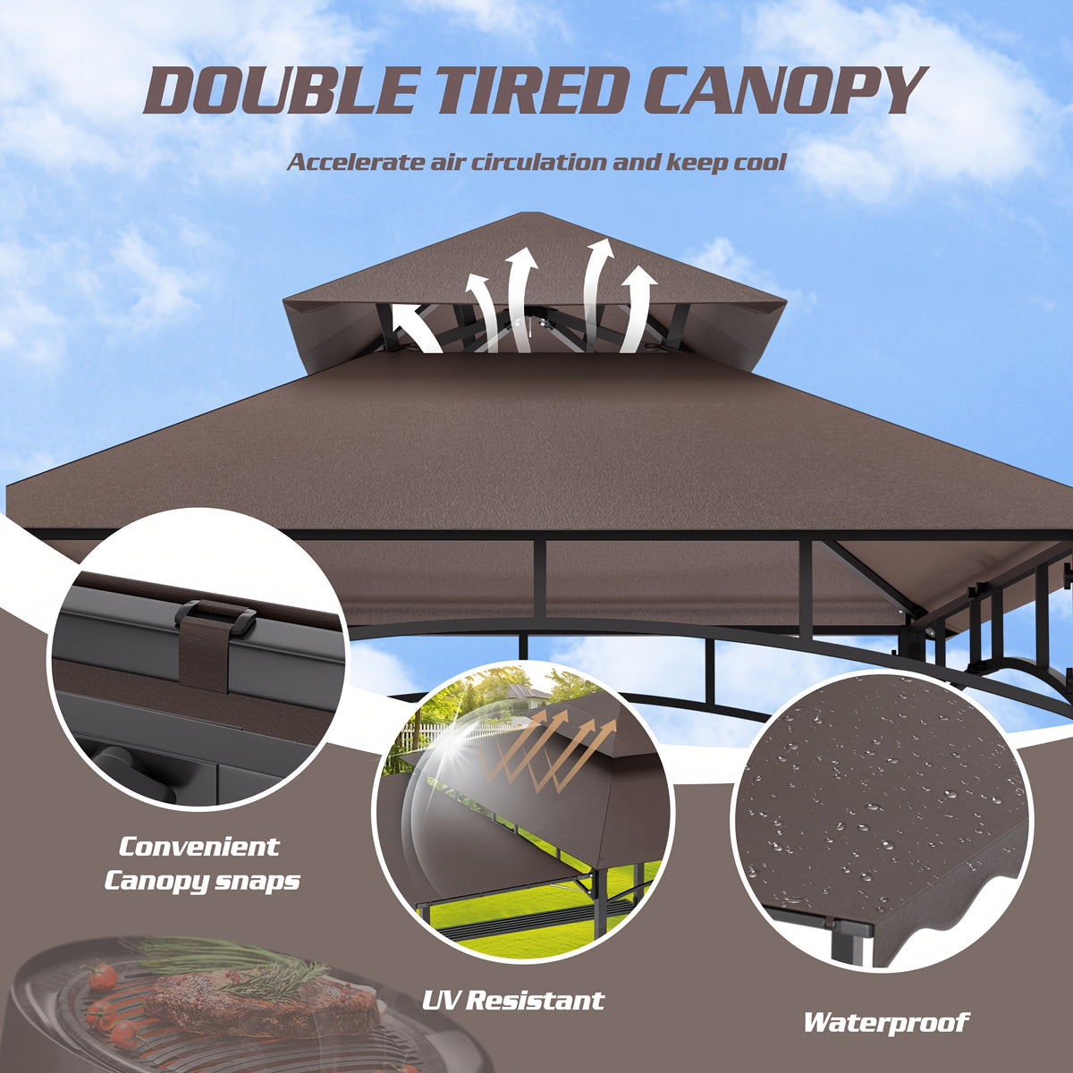 8'X7.8' Grill Gazebo Canopy - Sturdy Steel Structure, Two-Tiered Canopy for Outdoor Grilling with Shelves, Ceiling Hooks, And Ground Stakes, Outdoor Patio Canopy Tent BBQ Gazebo for Your Backyard