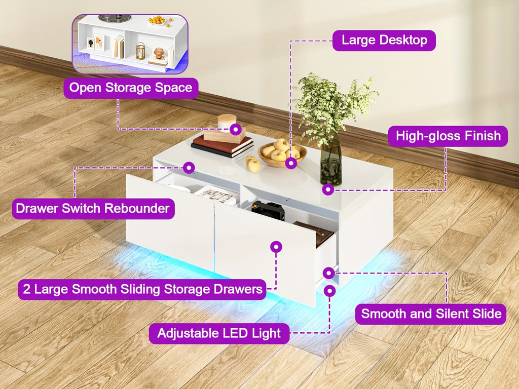 High Glossy LED Coffee Table, Modern Coffee Tables with Open Display Shelf And Sliding 2 Drawers, Rectangular Coffee Table with LED Lights for Living Room, Dining Room, White/Black