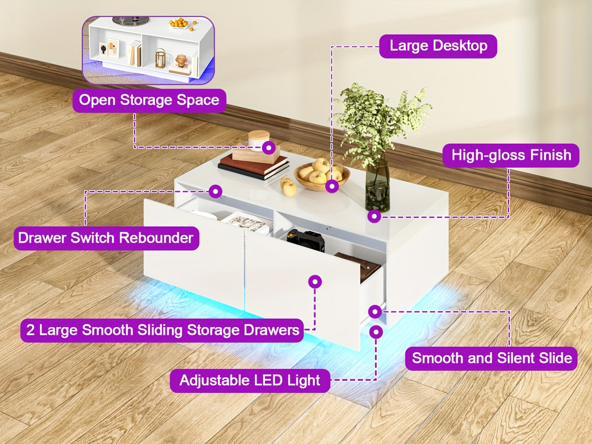 High Glossy LED Coffee Table, Modern Coffee Tables with Open Display Shelf And Sliding 2 Drawers, Rectangular Coffee Table with LED Lights for Living Room, Dining Room, White/Black