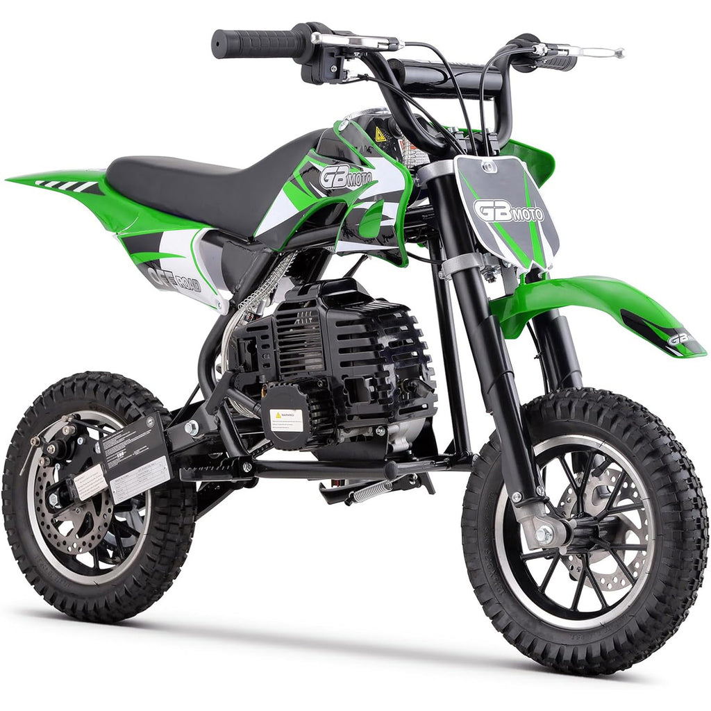Mini off-road bike, 41CC four stroke gasoline bike (model: DB001), equipped with off-road tires, suspension, disc brakes, maximum load of 160Lbs, top speed of 18Mph, gloves and face cloth included
