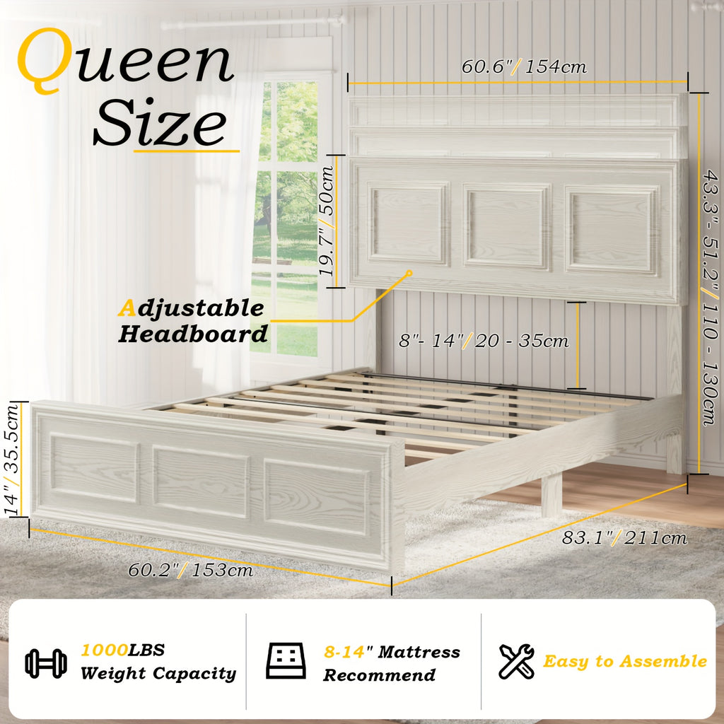 Platform Bed Frame with Headboard, Farmhouse Style, Height Adjustable, Brown and White
