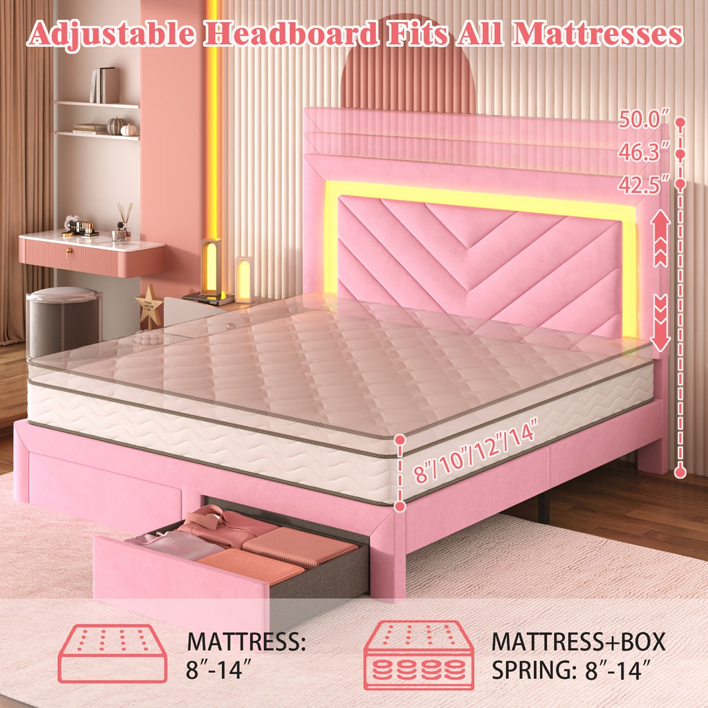 Pink Bed Frame with LED Headboard and Charging Station, 2 Storage Drawers, No Box Spring Needed, Noise Free