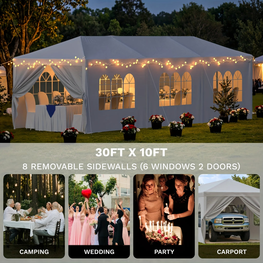 GUNJI 10x30ft Heavy Duty Canopy Steel Canopy Storage Shed, Portable Garage Party Tent, Portable Garage with Removable Sidewalls & Doors All-Season Tarp for Carport (White)