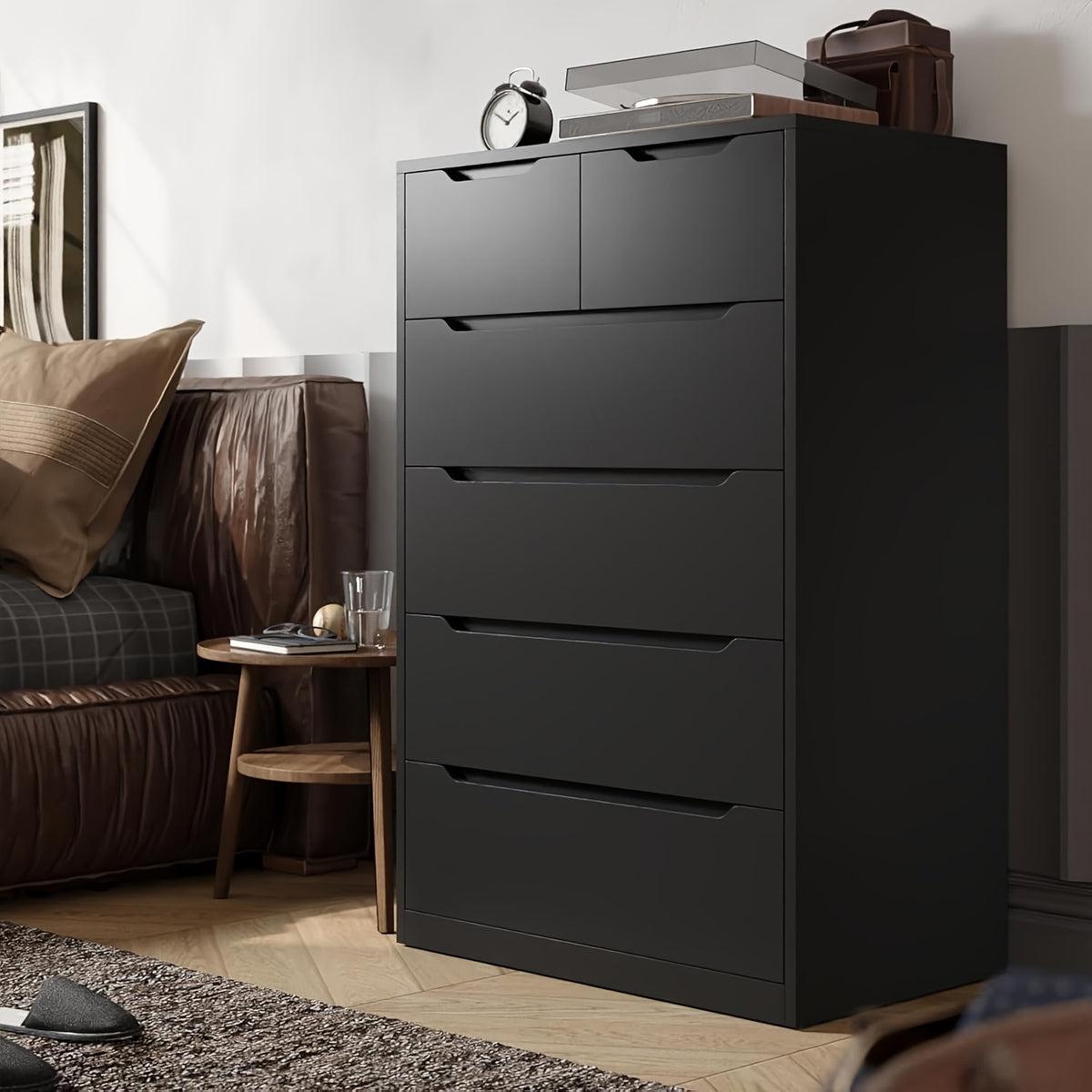 6-Drawer Dresser for Bedroom, Modern Chest of Drawers, Black Dresser with Large Organizer, Deep Drawer And Smooth Metal Rail, Black