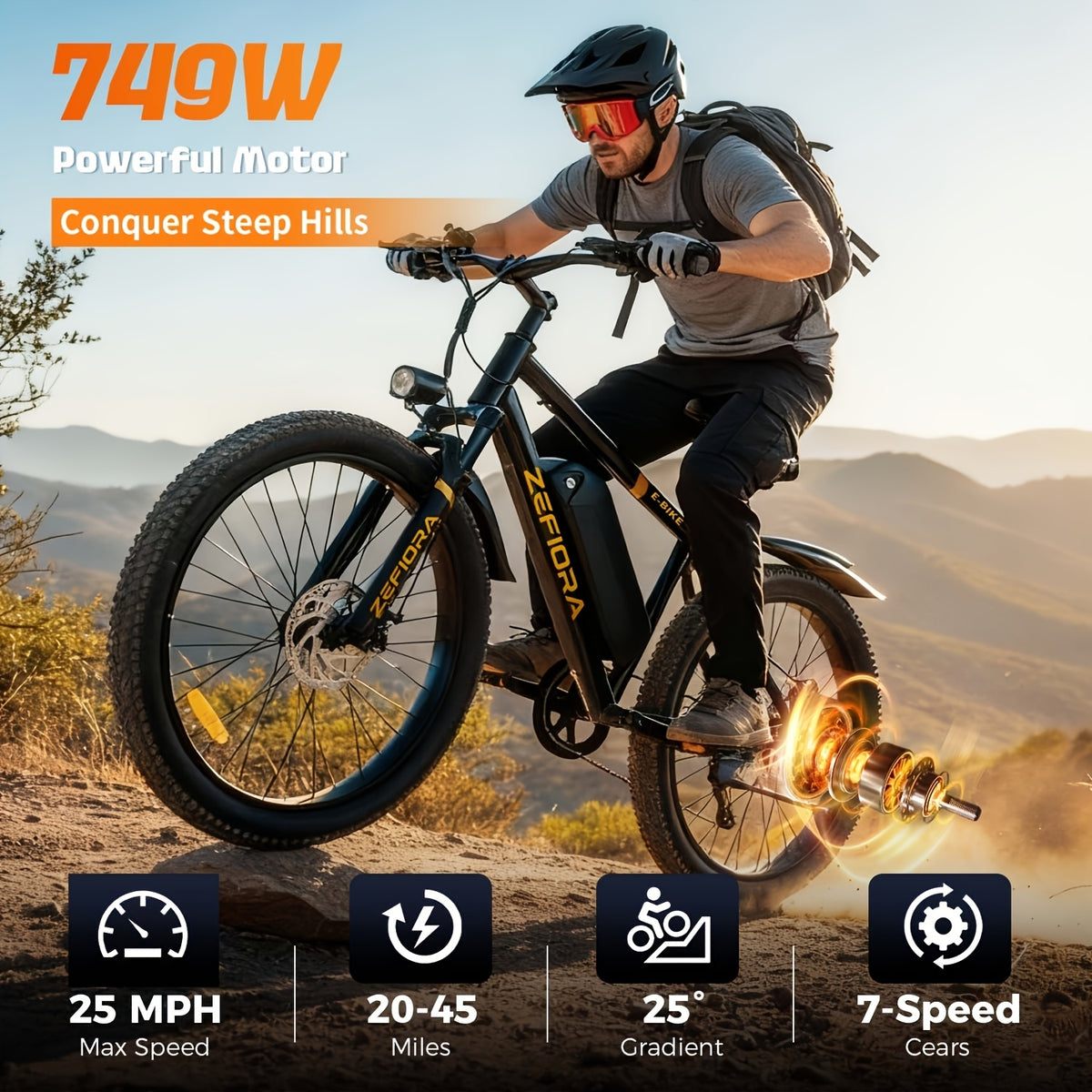 26" Commuter Electric Bike For Adults, 749W Motor, 48V Removable Battery, 25MPH Top Speed, Up To 45 Miles Long Range, 7-Speed Gears, Disc Brakes, Front Suspension, All-Terrain Tires, LCD Display, LED Headlight, Step-Over E-Bike