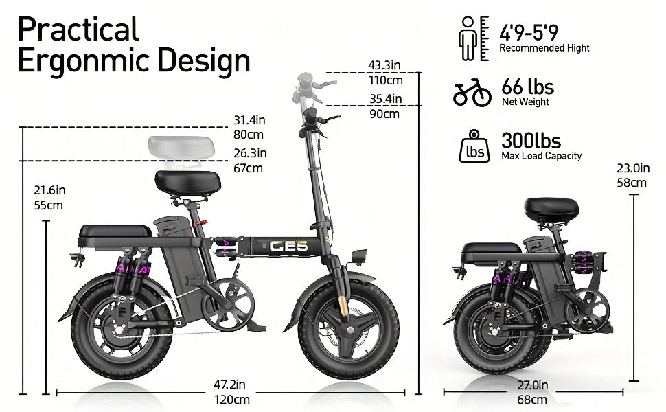 500W Electric Bike for Adults, 48V 10AH/15AH Removable Battery, Speed 15-20 Mph, Long Range 10-35 Miles, 14-Inch Foldable, LCD Display, Dual Disc Brakes, Super Suspension, Teen Gift, Adult E-Bike - Motorcycle