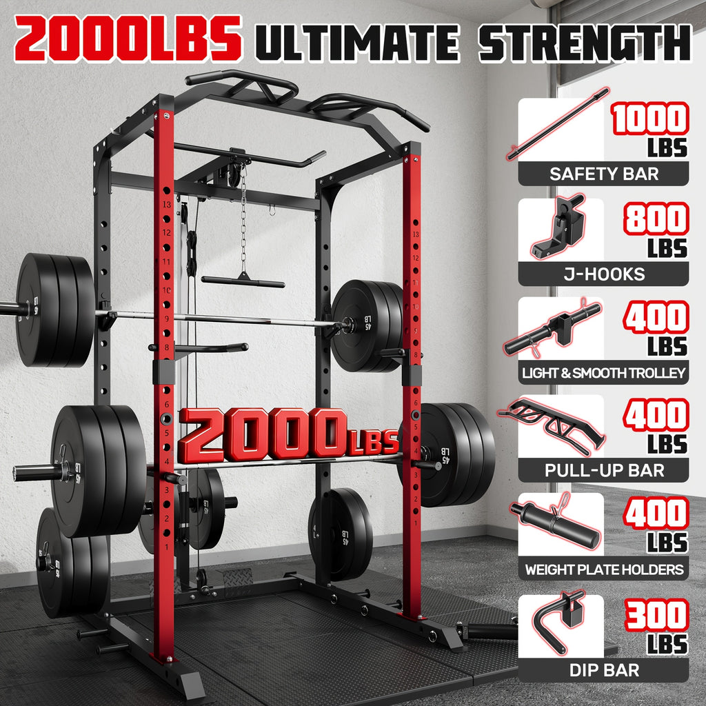 Mitonos C1-V4 Power Cage, 2000LBS Squat Rack with LAT Pulldown, Multi-Function Weight Cage Strength Training Machine, Workout Cage with More Attachments for Home Gym Garage