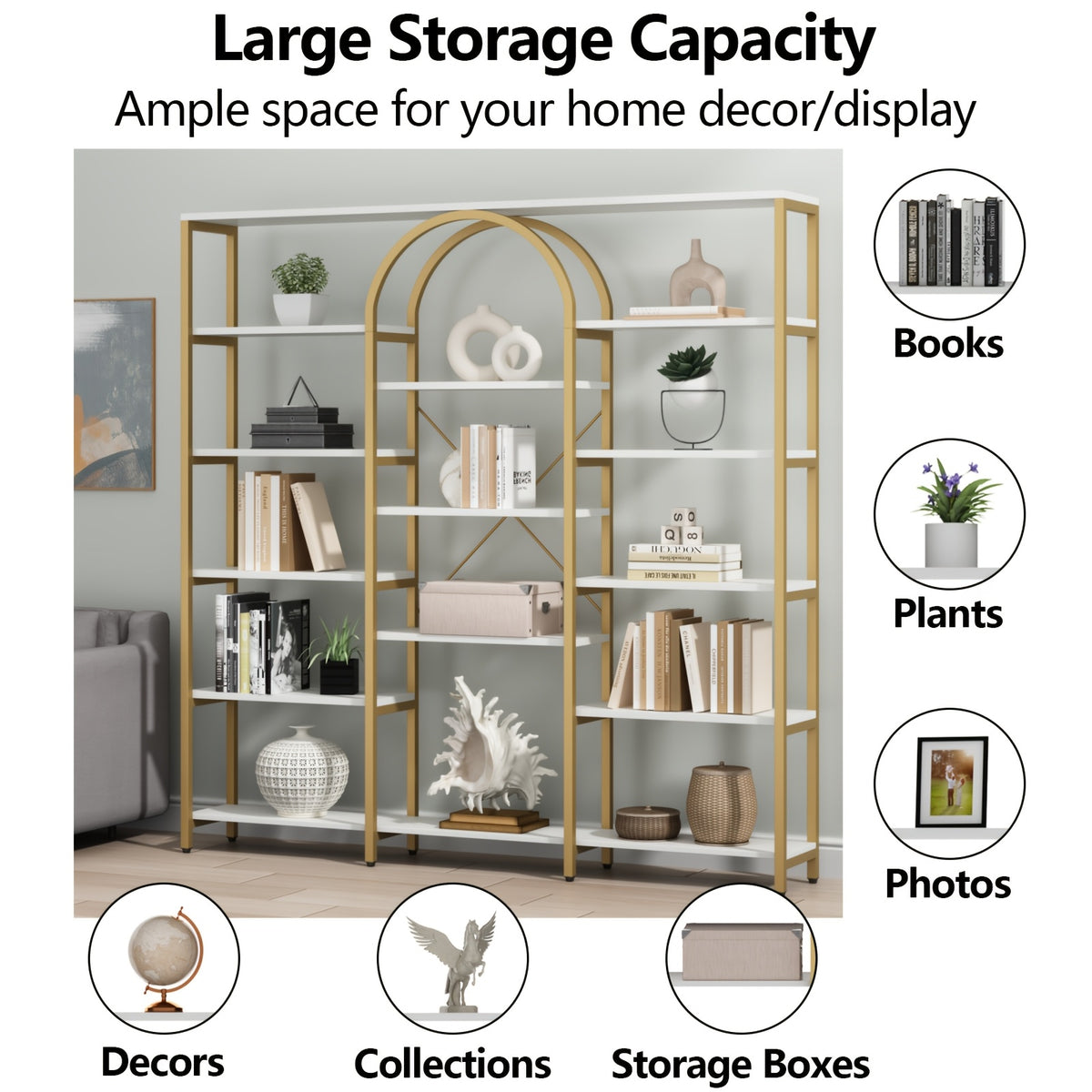 Triple Wide 5-Tier Large Open Bookshelf, Tall Storage Display Shelf With Metal Frame, Extra Large Golden Bookcase, Freestanding Etagere Bookcase With Display Shelf For Home Office
