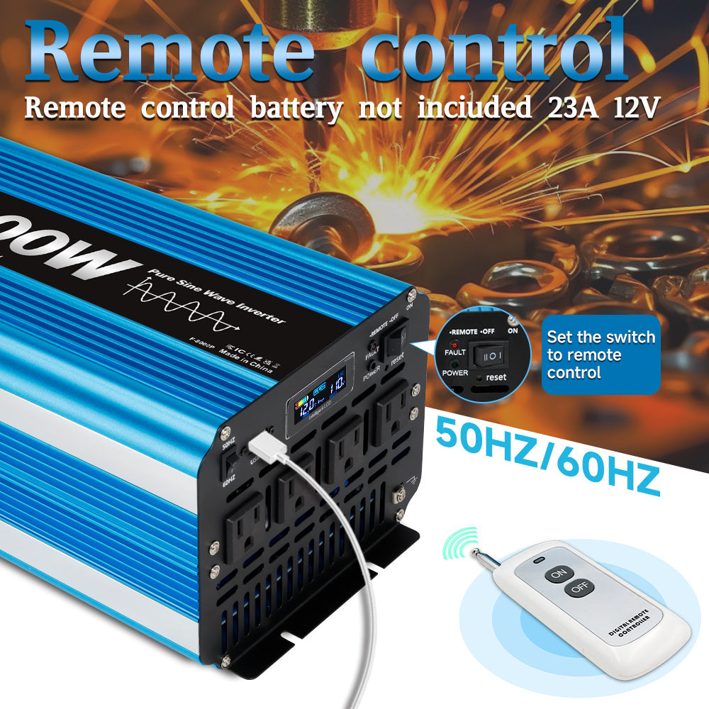 Pure Sine Wave Inverter 8000W (Peak)Car Power Inverter Efficient 12V/24V DC To 110V 120V AC With LCD Display And Remote & Troubleshooting, 4 US Sockets For Vehicles Car Chargers For Home Solar System RV Vans, Without Battery